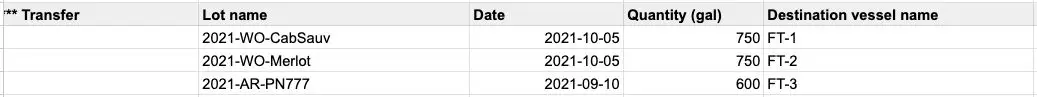 Blended Upload Formats CSV Import table showing wine lot transfers with columns for Transfer, Lot name, Date, Quantity in gallons, and Destination vessel name.