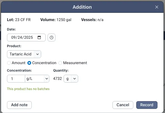 Blended software Addition dialog for recording data in Production feature