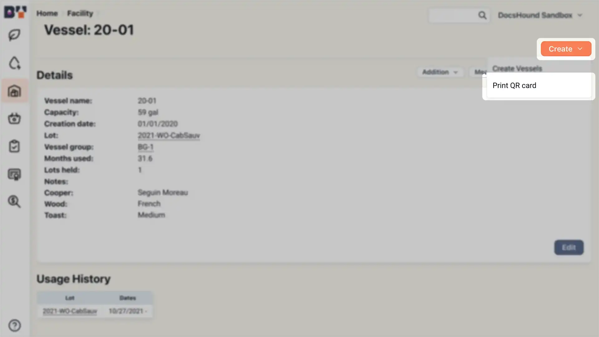 Blended software platform Facility feature showing Vessel 20-01 details and option to print QR card.