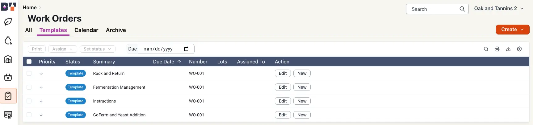 Blended Work Orders Templates tab