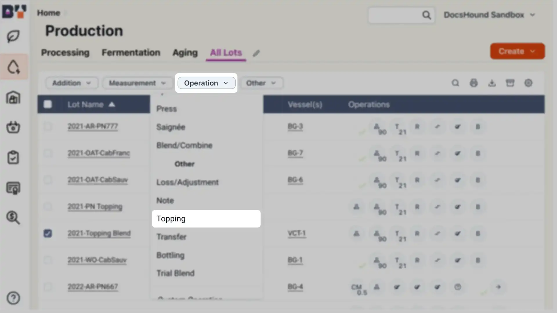 Blended software platform Production section with Topping operation selected under All Lots tab.