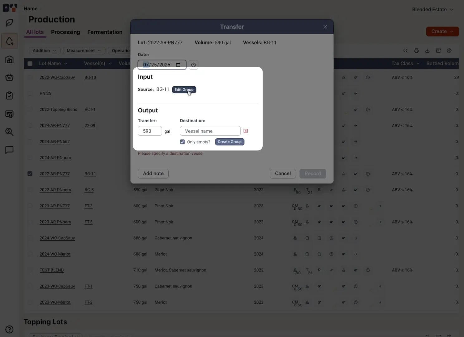 Blended Production Transfer dialog for managing wine transfer between vessels.