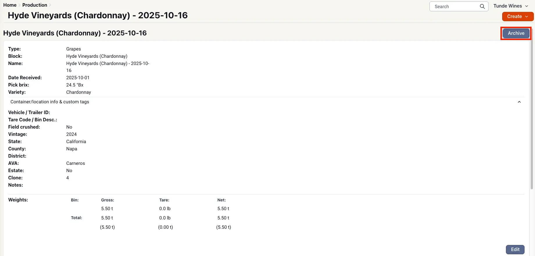 Blended platform screenshot showing Hyde Vineyards Chardonnay post-harvest data, dated 2025-10-16, in the Production section.