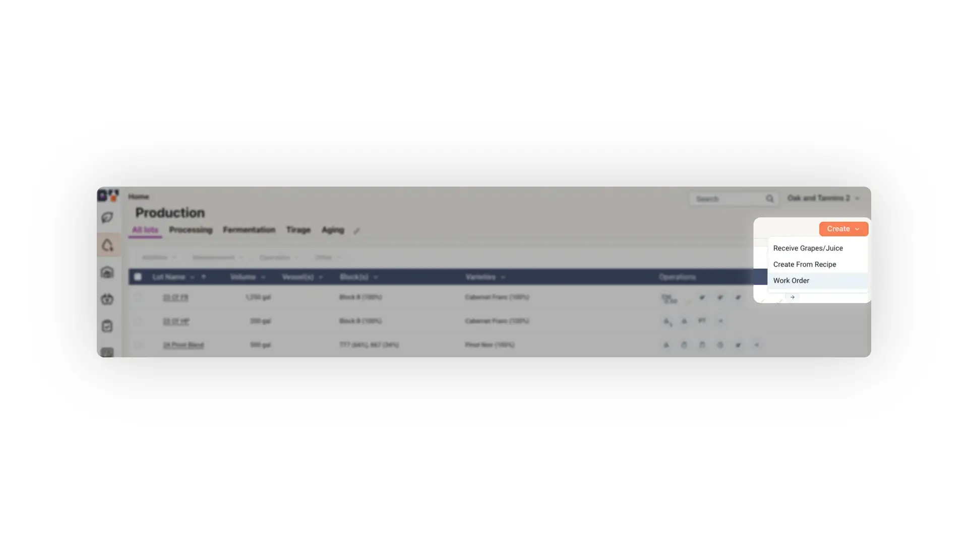 Blended Production page showing All lots with options to create work orders
