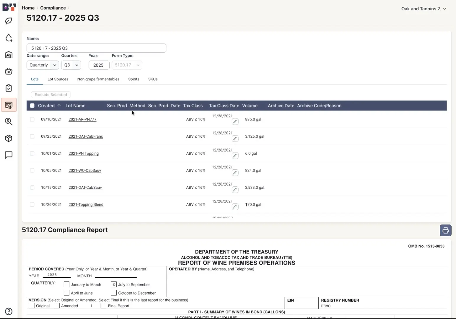 The screenshot displays a compliance report within the Blended platform, specifically for the 5120.17 form for Q3 of 2025. It shows a list of lots with associated details and the form's summary section.