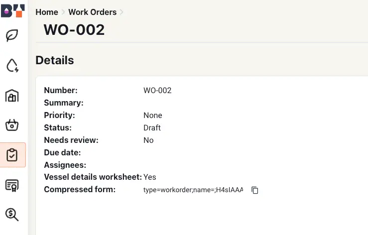 Blended platform Work Orders section showing details for work order WO-002