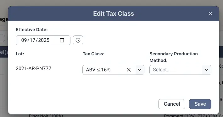 Blended Compliance Edit Tax Class dialog with fields for Effective Date, Lot, Tax Class, and Secondary Production Method.