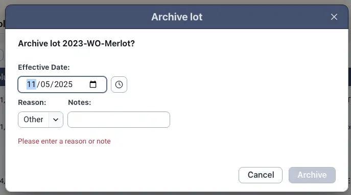 Blended Compliance Archive lot dialog for 2023-WO-Merlot