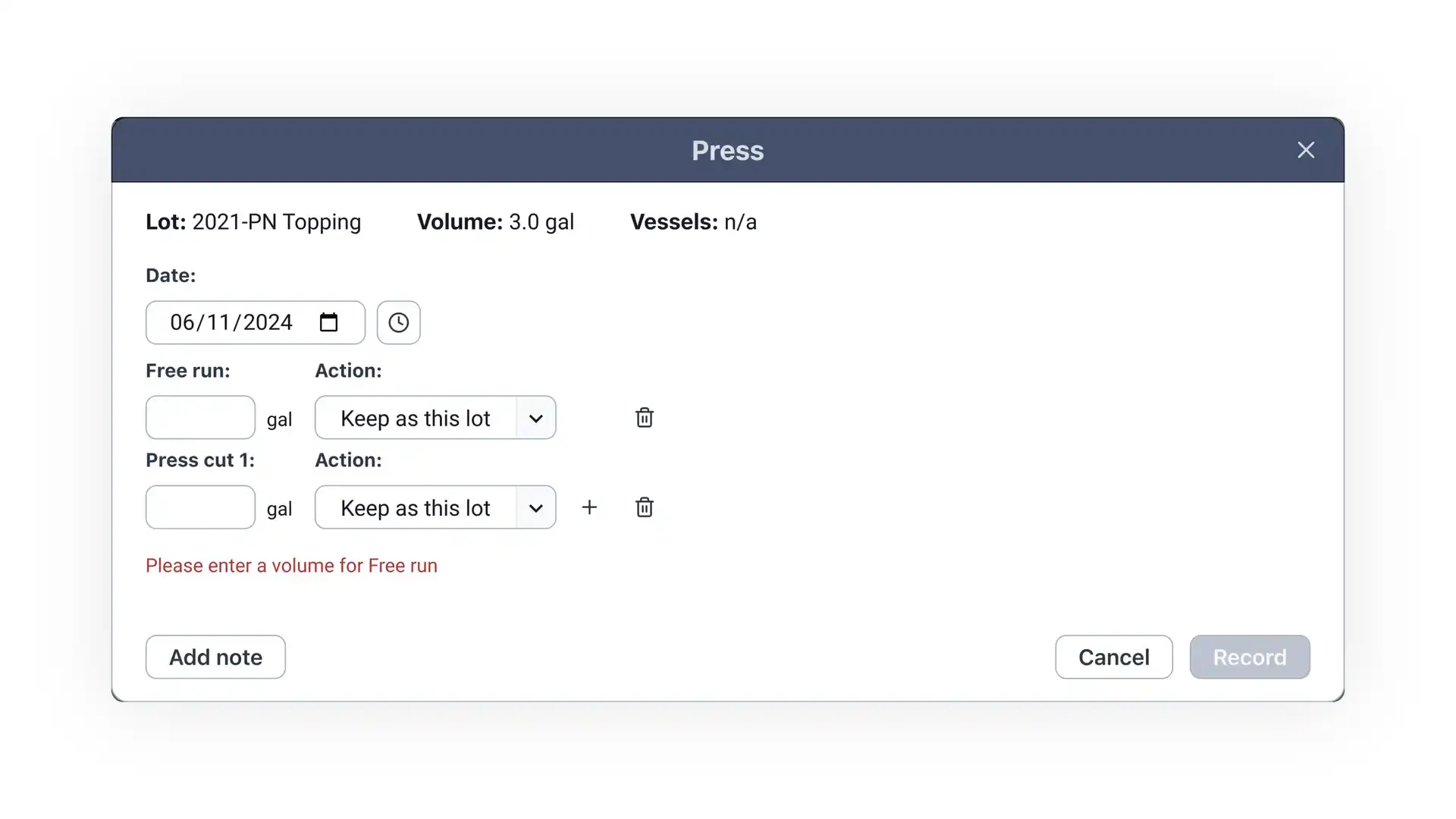 Blended software platform Press screen for managing specific winemaking operations, showing lot details, date, free run and press cut sections, and action buttons.