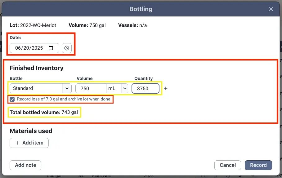 Bottling workflow interface in Blended software showing lot details, date selection, finished inventory, and options to record or cancel.