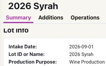 Blended software, 2026 Syrah intake summary screen showing lot info details.
