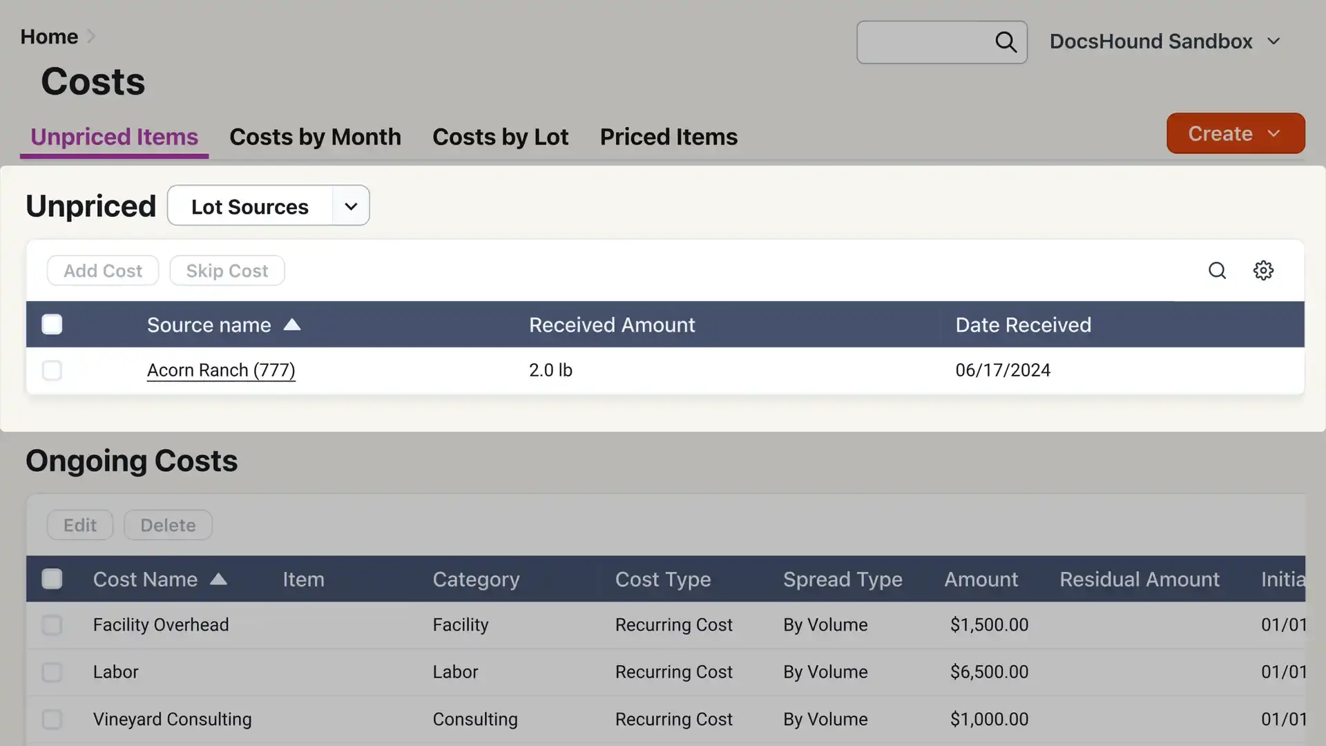 Blended software platform Costs section showing Unpriced Items tab with a list of unpriced items and ongoing costs.