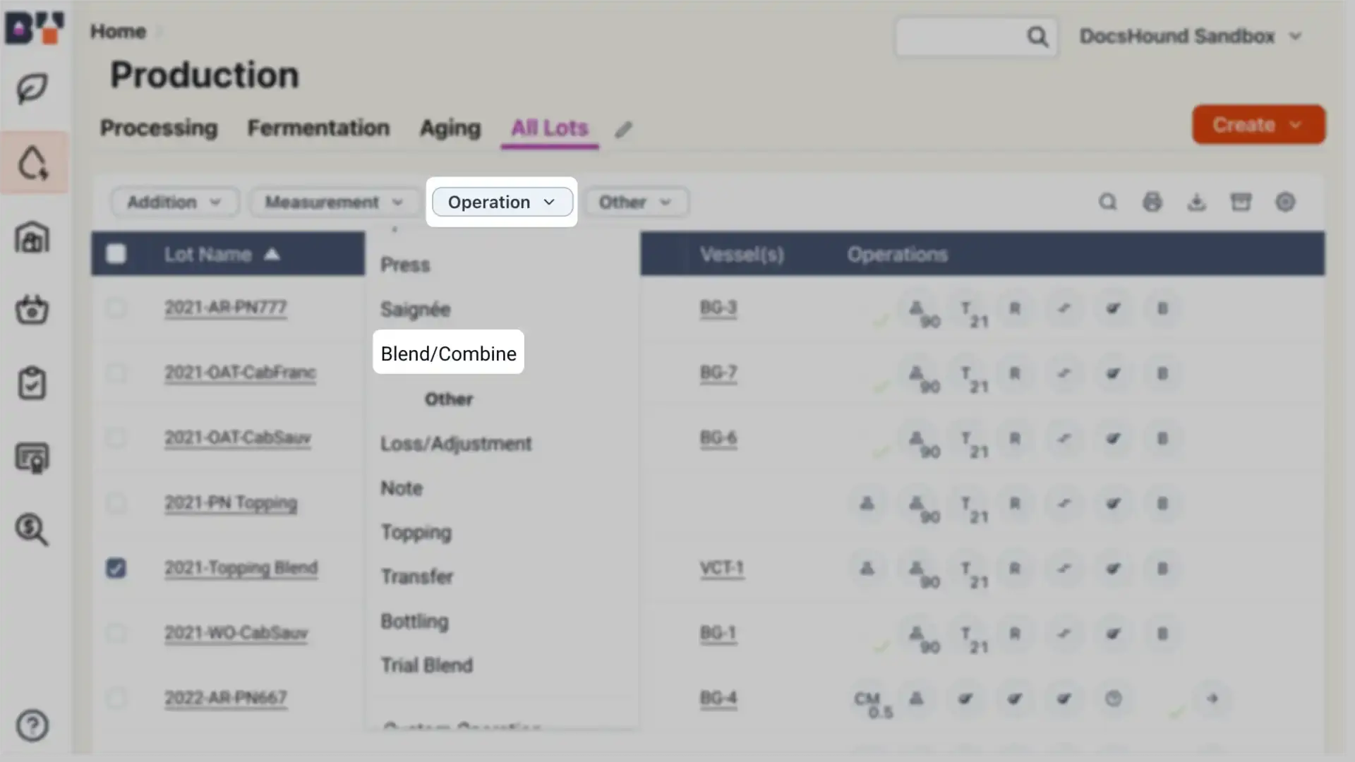 Blended software platform Production section showing winemaking operations with All Lots selected, Blend/Combine operation highlighted.