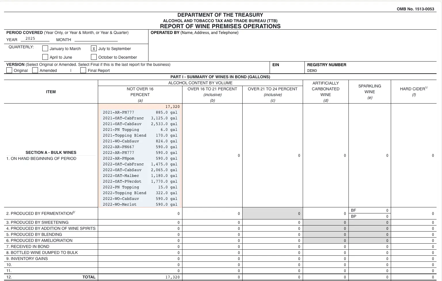 TTB 5120.17 Report of Wine Premises Operations form for compliance reporting, showing wine inventory and production details.