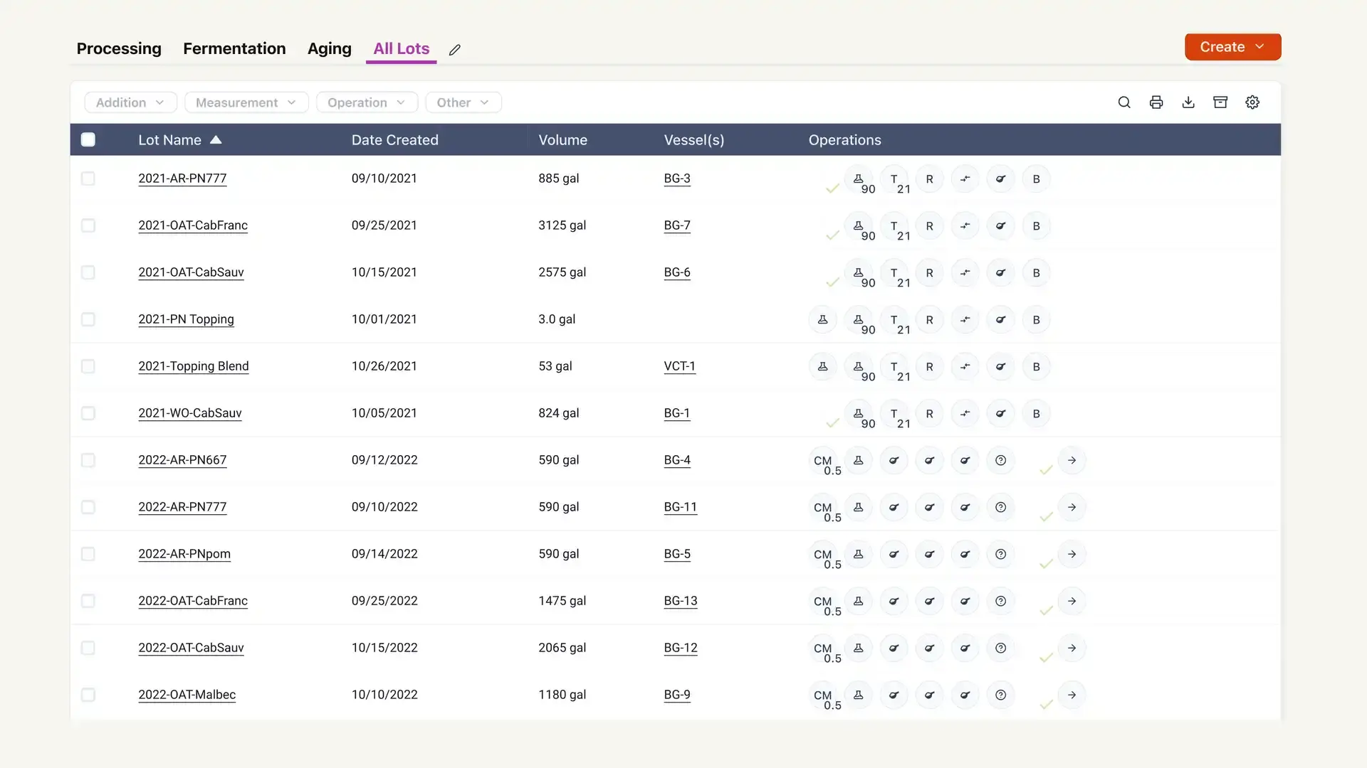 Blended software platform 'All Lots' section under Production feature, showing a table of wine lots with details and operations.