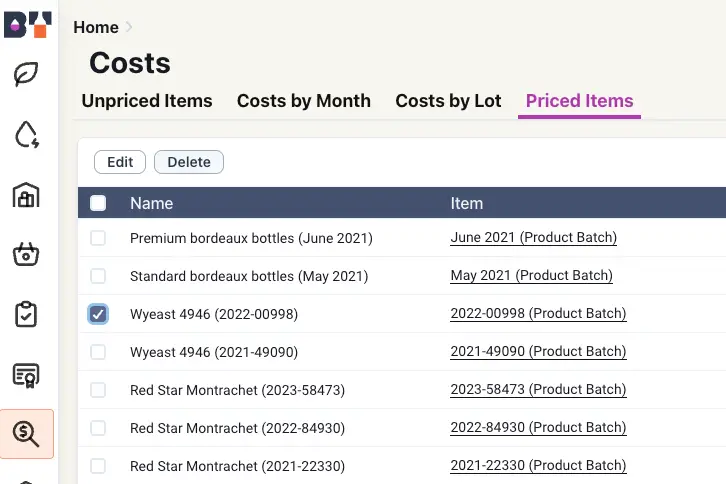 Blended platform Costs section showing Priced Items tab with a list of product batches and options to edit or delete selected items.