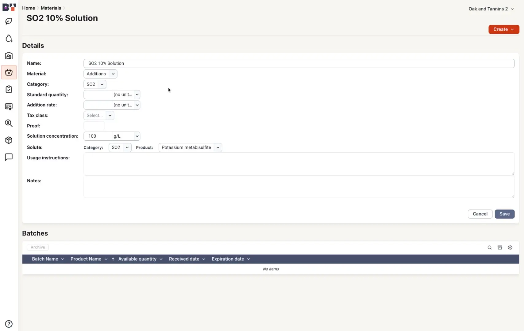 The screenshot displays the details of an SO2 10% solution, including its name, material, category, and other relevant properties. It also shows a section for managing batches of the solution.