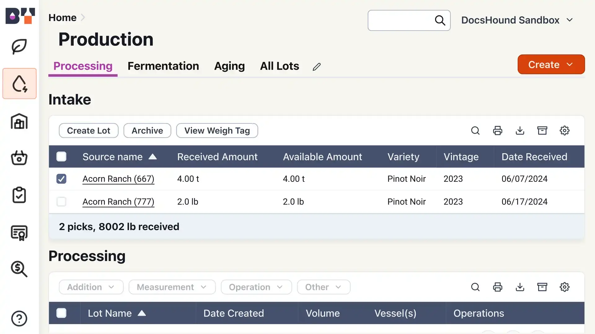 Blended software platform Production section under Processing tab showing intake details and processing options.