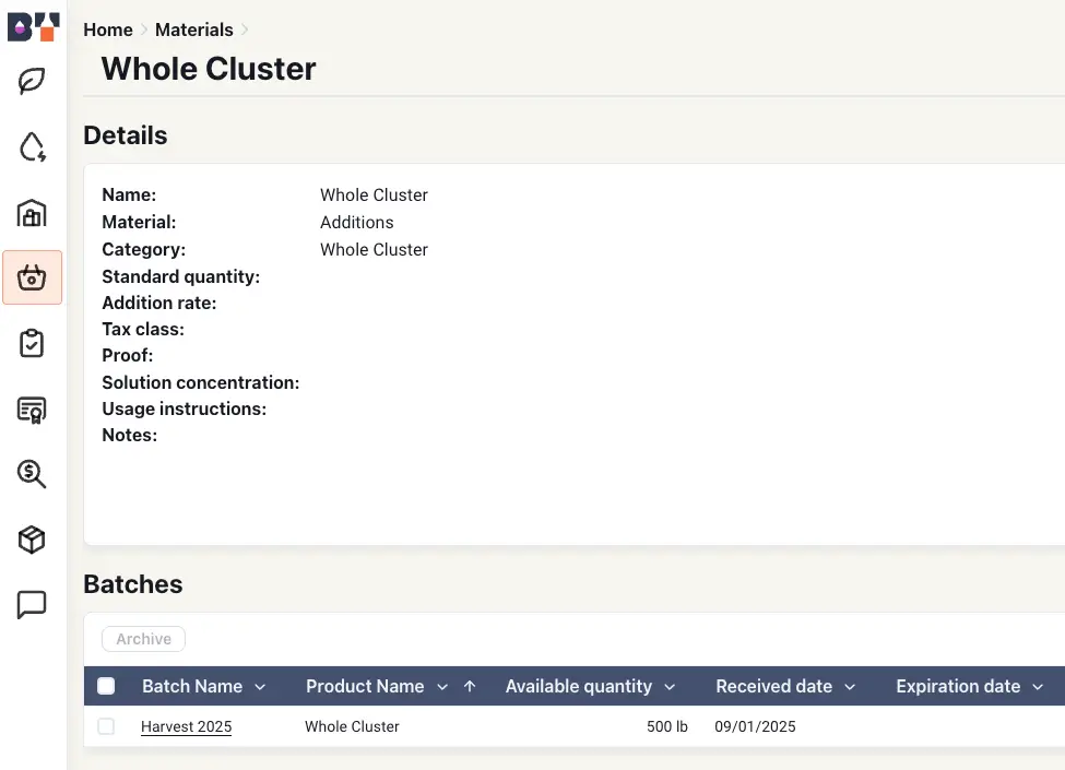 Blended platform Whole Cluster materials page showing details and batch information.