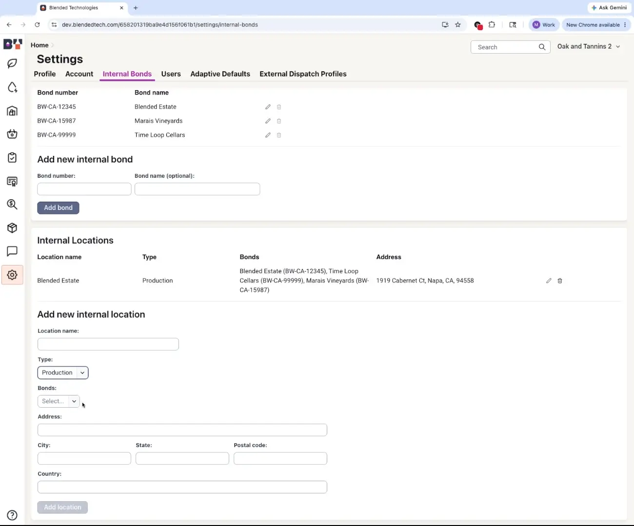 The Internal Bonds page allows users to manage their internal bond numbers and associate them with specific production locations. Users can add new bonds, view existing ones, and link them to internal locations, ensuring accurate tracking and compliance within the winemaking process.