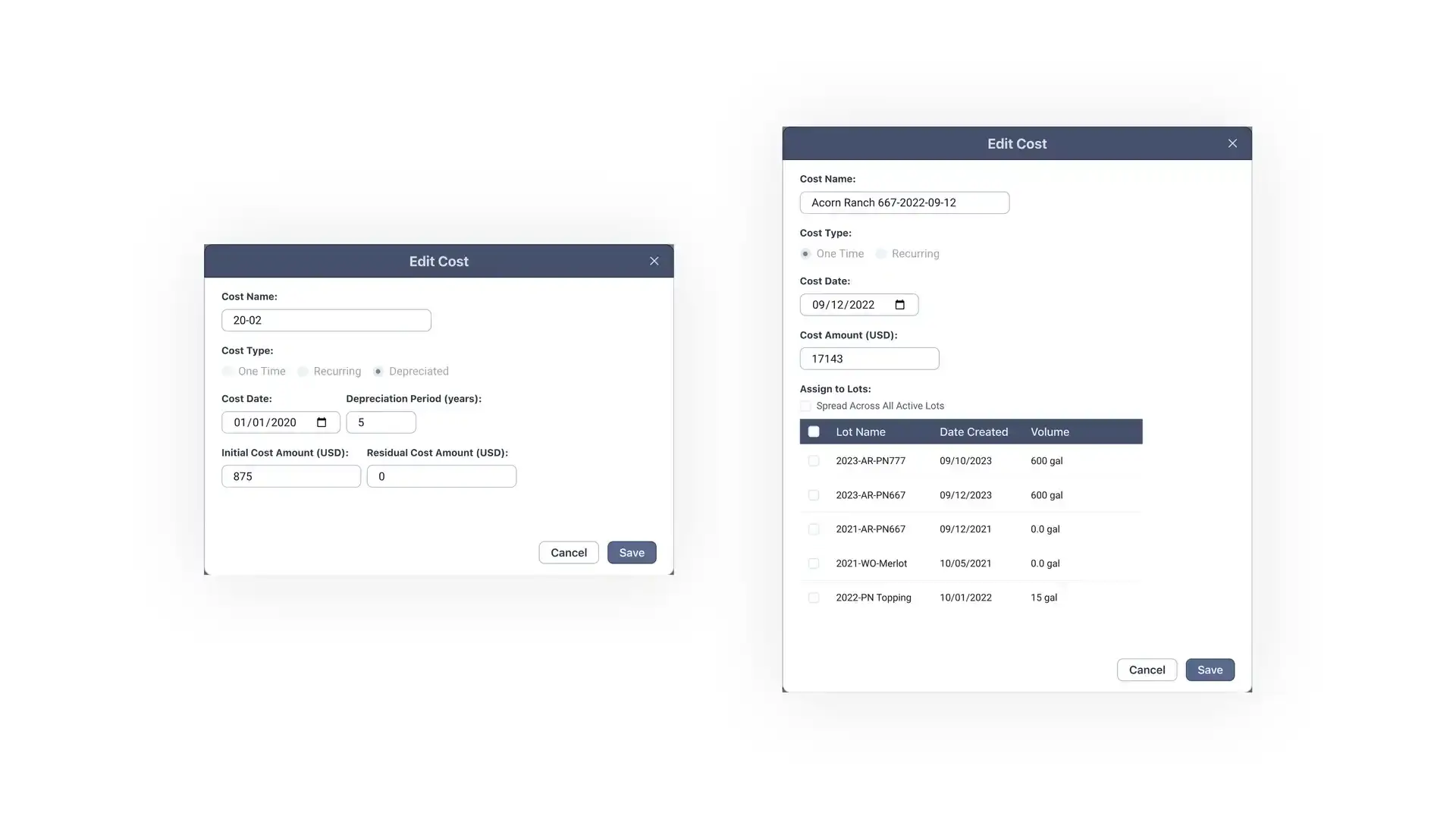 Blended software platform Edit Cost dialog boxes for managing winery production data, showing fields for cost details and lot assignments.