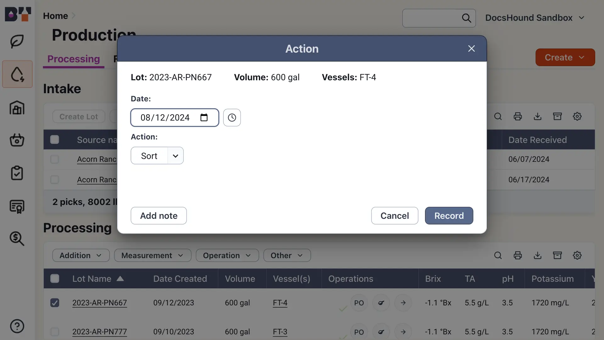 Blended software platform Production section Action dialog box for recording operations for lot 2023-AR-PN667.