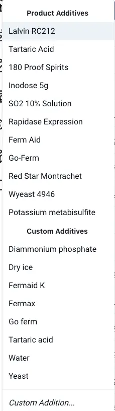 Blended software platform - Product Additives dropdown menu for recording data directly in production feature.