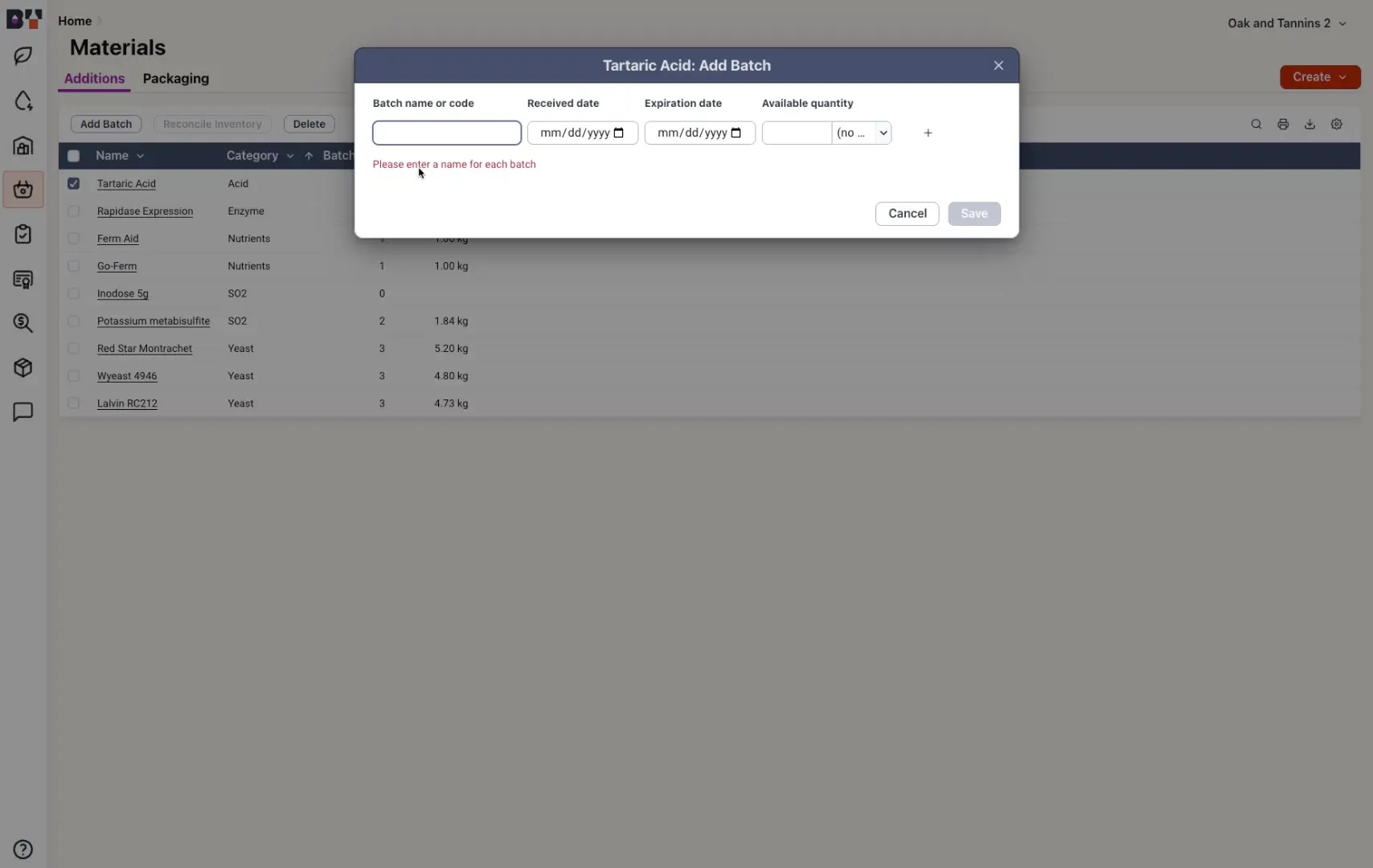 The user is adding a new batch of Tartaric Acid. The user is prompted to enter the batch name or code, received date, expiration date, and available quantity.