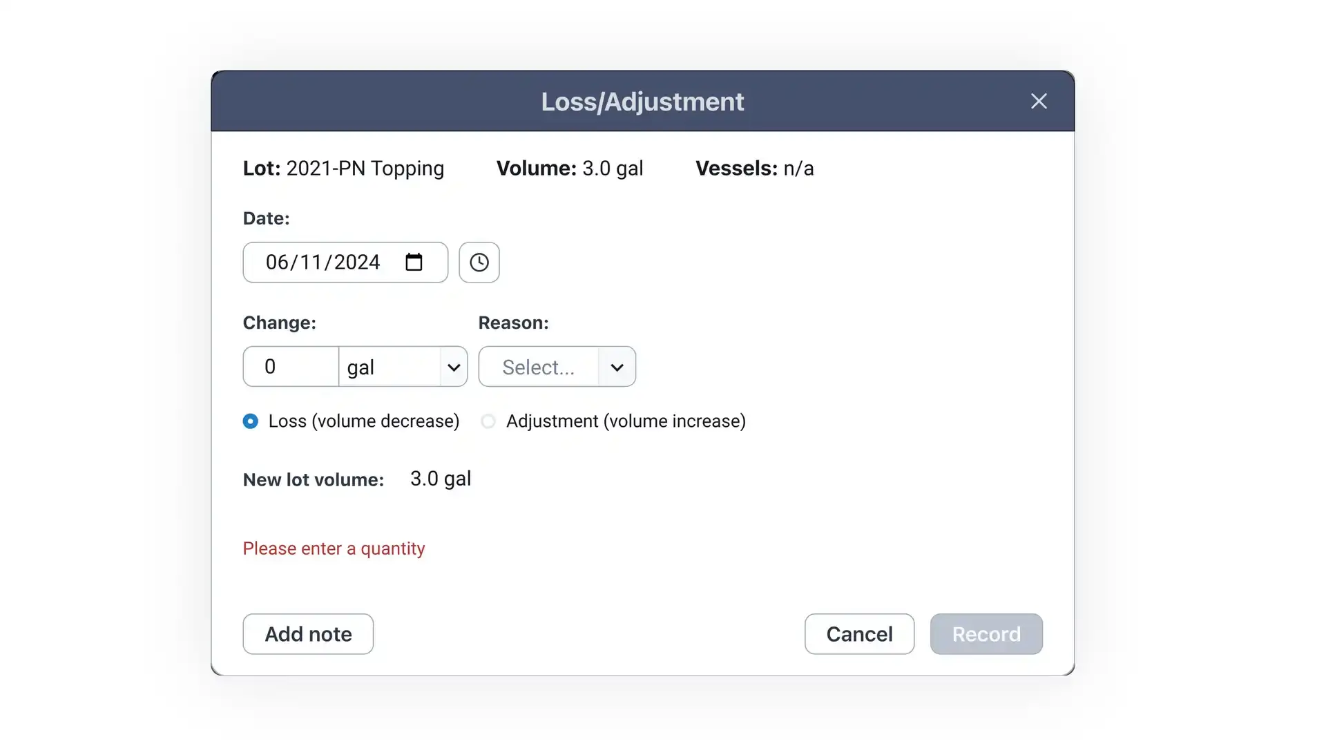 Blended software Loss/Adjustment screen for volume adjustments in winemaking operations.