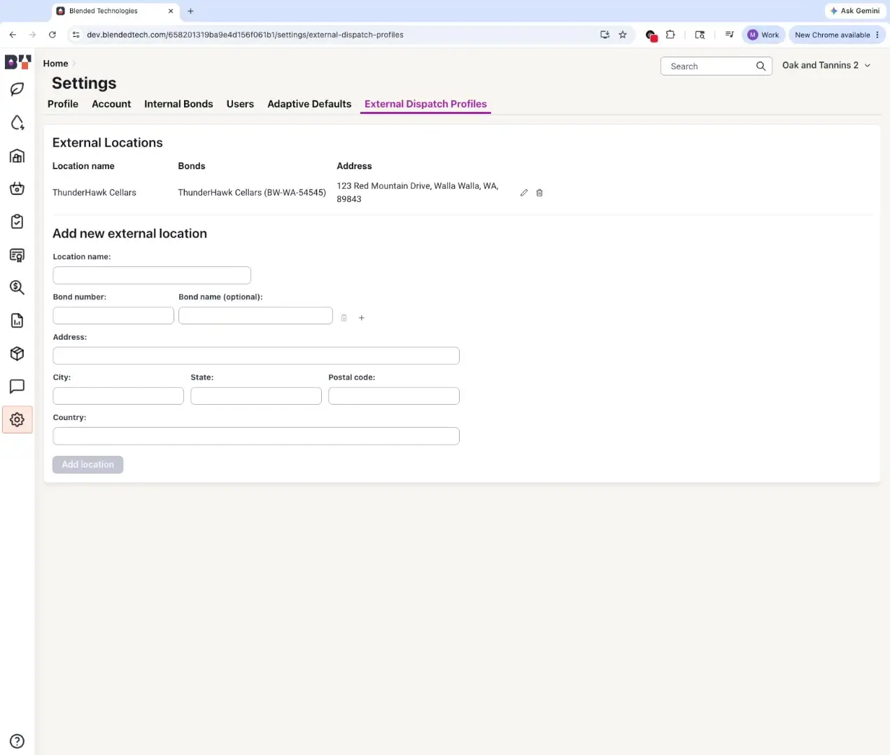The External Dispatch Profiles page allows users to manage external locations, including adding new ones with details like location name, bond number, and address. It also displays existing external locations with their associated bond information and addresses.