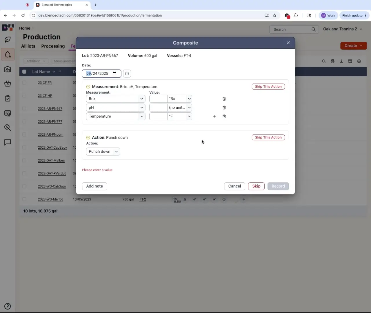 The screenshot shows a modal window within the Blended platform, detailing production data for a specific lot, including measurements and actions. The user is prompted to input values for Brix, pH, and temperature, and to select a punch down action.