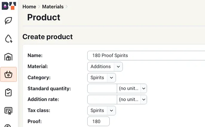 Blended platform Create product page under Materials section for 180 Proof Spirits.