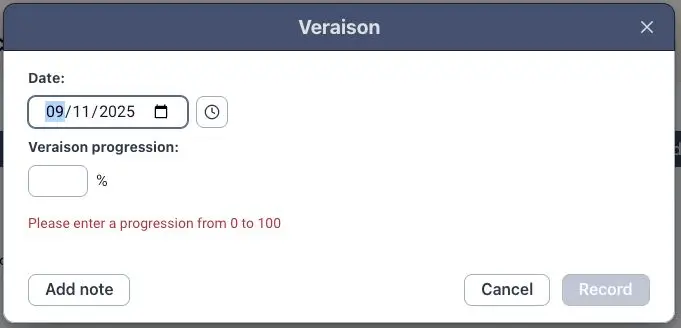 Blended Vineyard Veraison data entry dialog