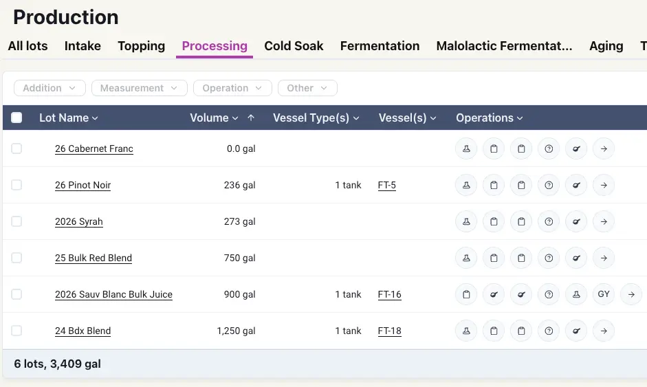 Blended Production Processing tab showing wine lot details and operations