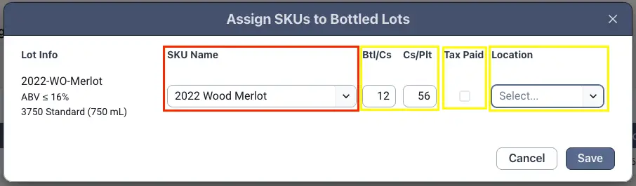 Assign SKUs to Bottled Lots dialog in Blended software showing SKU assignment options for wine lots.