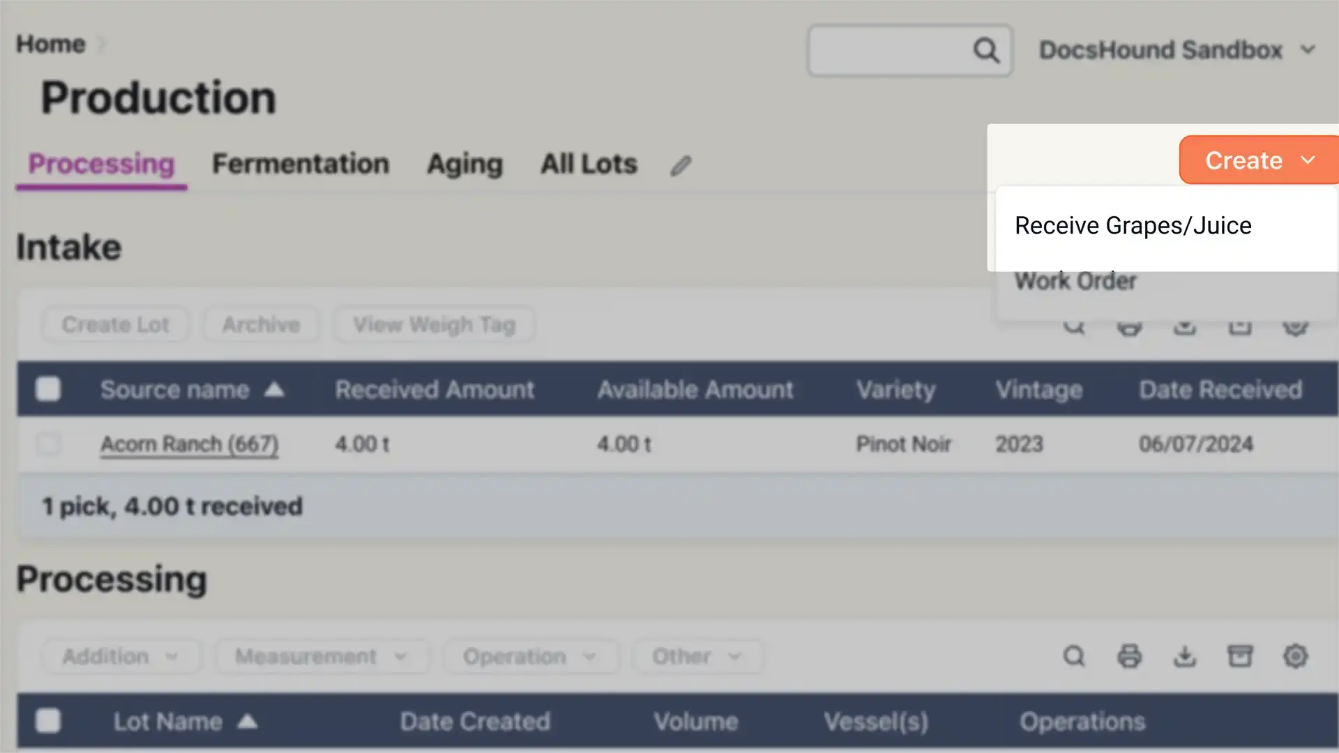 Blended software platform Production section under Processing tab showing intake details and options to receive grapes or juice.