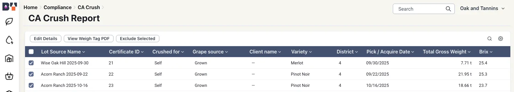 Blended software CA Crush Report page showing a table with grape lot details for compliance purposes.