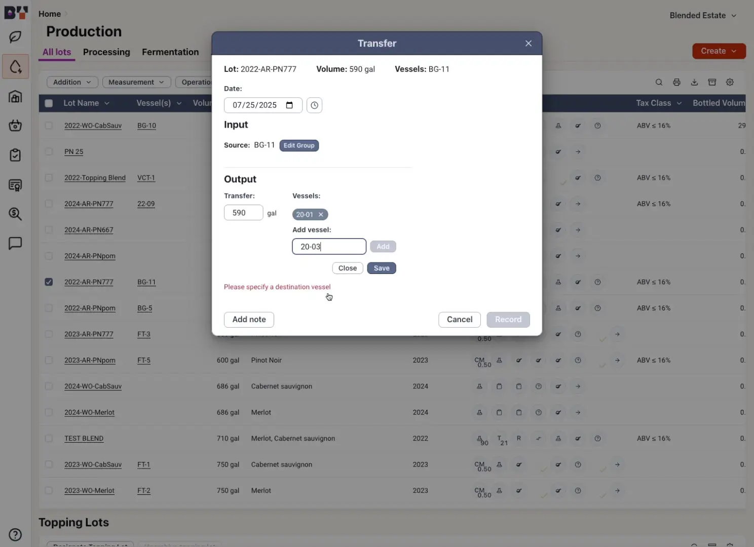 Blended Production Transfer dialog for lot 2022-AR-PN777 showing input and output vessel details.