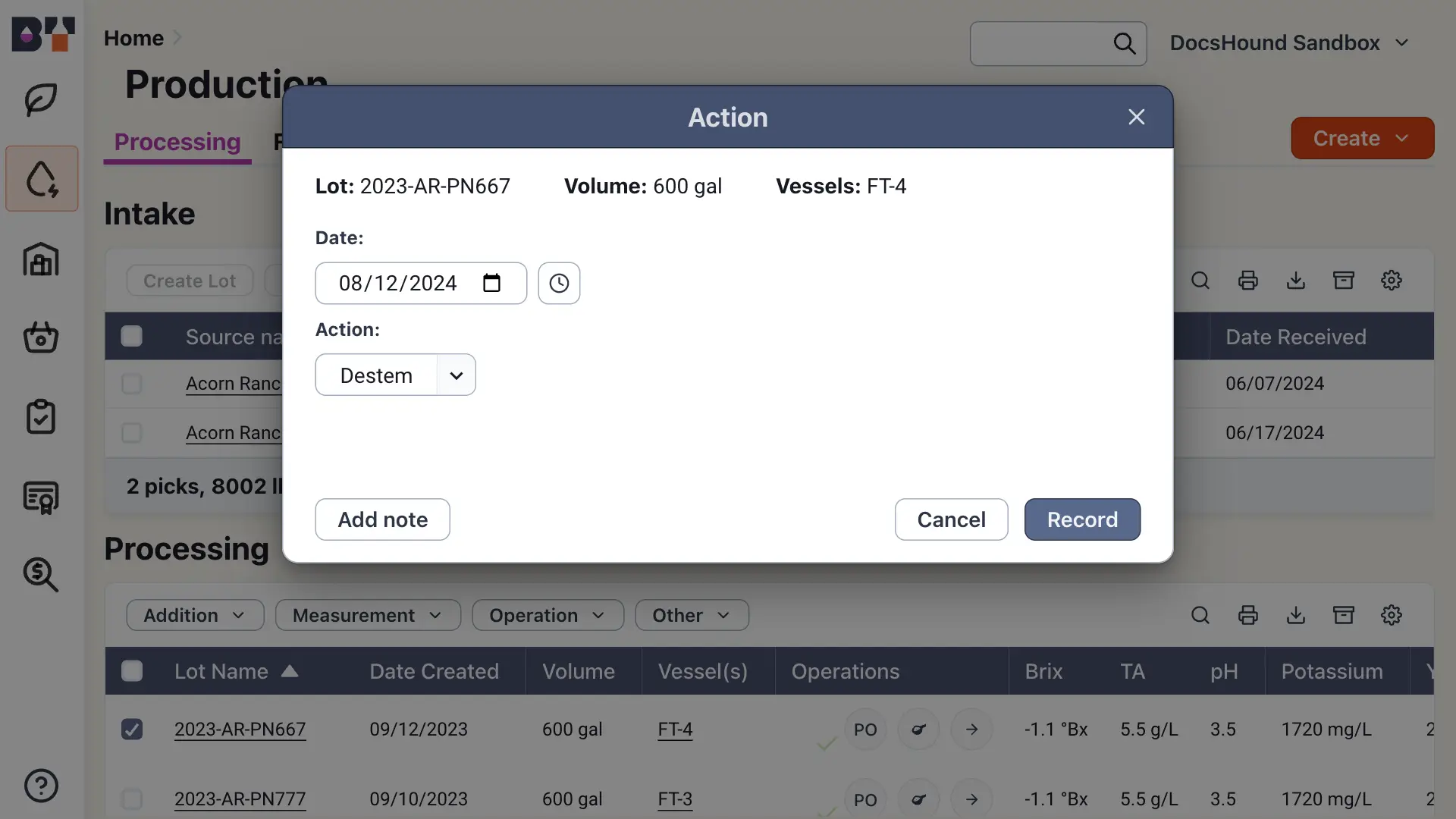 Blended software platform 'Production' section showing 'Action' dialog box for recording operations with fields for lot number, volume, vessel, date, action, and note.