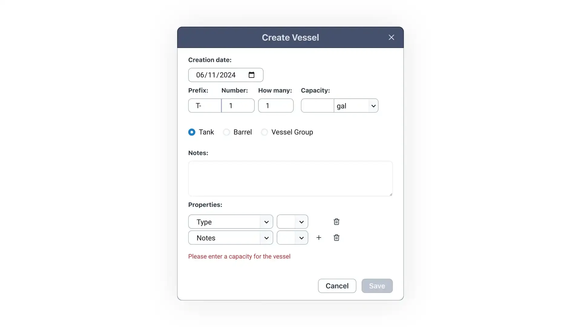 Create Vessel screen in Blended software platform for managing winery production data.