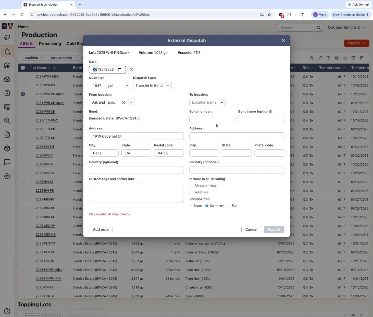The External Dispatch modal allows users to record the details of a wine transfer, including the source and destination locations, quantity, and composition. Users can also specify custom tags and carrier information for the dispatch.