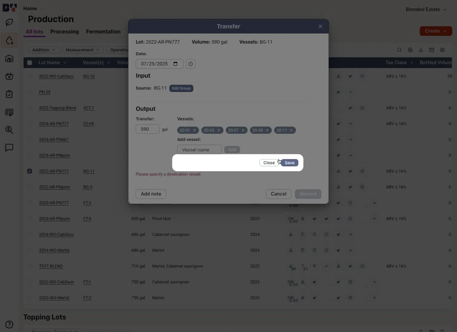 Blended Production Transfer Dialog for Lot 2022-AR-PN777