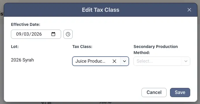 Blended software Edit Tax Class dialog for 2026 Syrah lot with fields for effective date, tax class, and secondary production method.