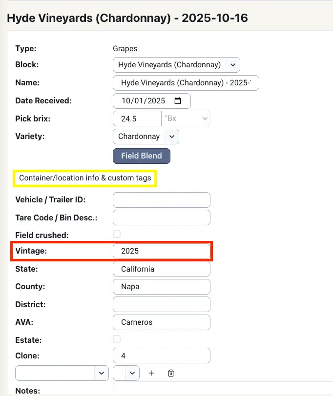 Hyde Vineyards Chardonnay data entry form for October 16, 2025, in Blended platform.