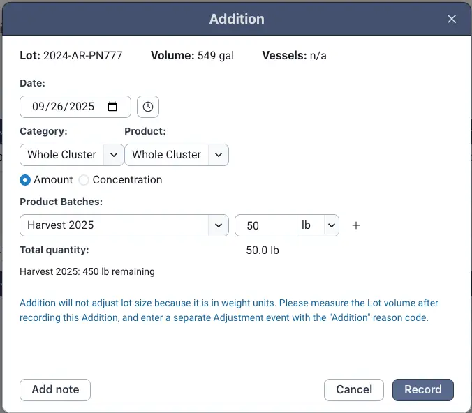 Blended software Addition screen for tracking whole cluster additions in winemaking process.